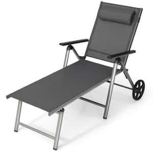 Patio Folding Chaise Lounge Chair Aluminum Recliner Back Adjust Wheels