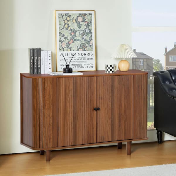 Walnut Wood 47in 2-Door Curved Design Storage Buffet Cabinet Sideboard (15. 74in. D x 47. 24in. W x 31. 49in. H)