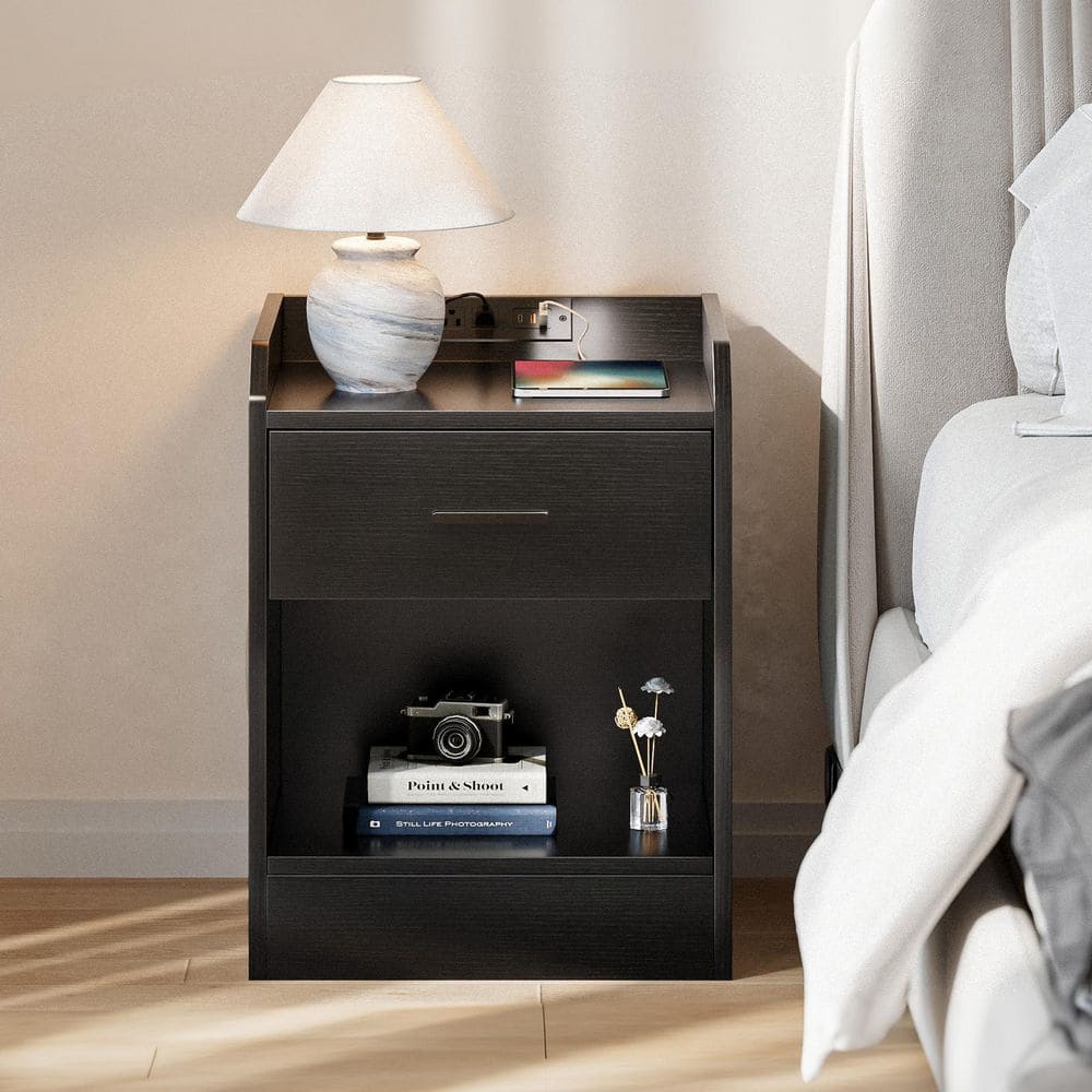 Drawer - emdot ポケットファージレ　黒　em. Merra Modern Black 1-Drawer 23.6 in. W Nightstand w/ Power Outlets