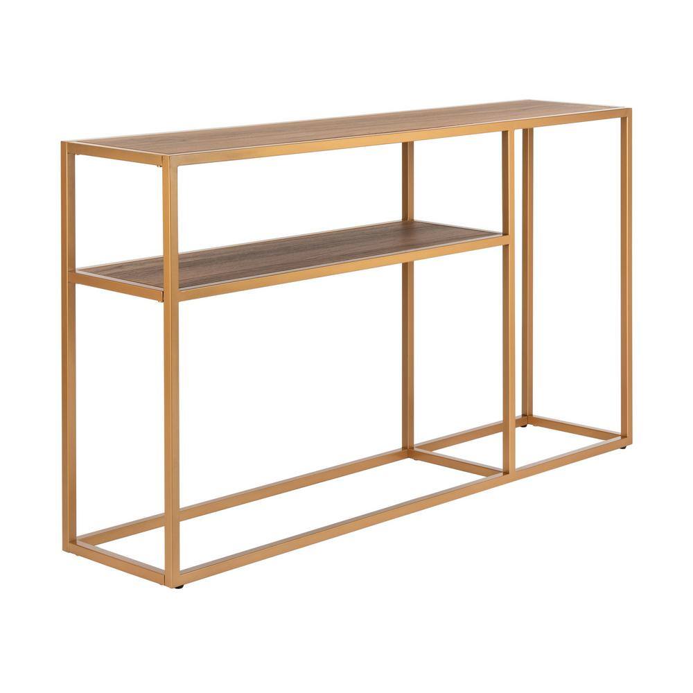 Transitional Walnut & Gold Rectangular Console Table with Storage