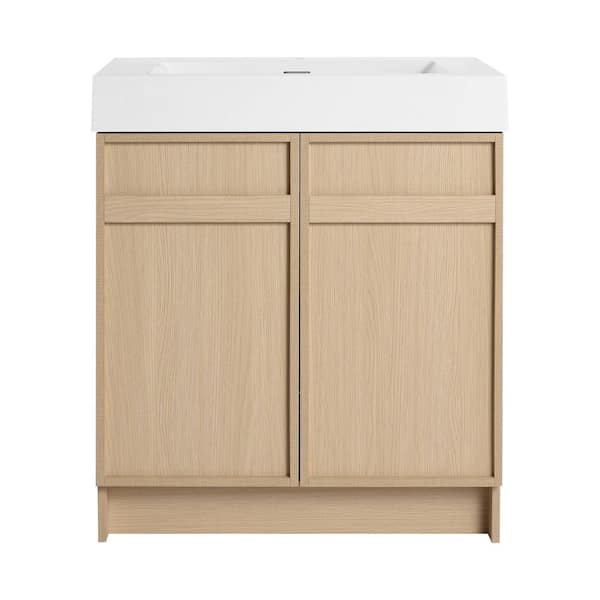 30 in. Single Sink Freestanding Oak Bath Vanity with White Resin Top, Adjustable Shelf, Sewer Cover