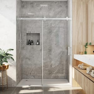 60 in. W x 76 in. H Single Sliding Frameless Soft Close Shower Door in Brushed Nickel with 3/8 in. (10 mm) Clear Glass