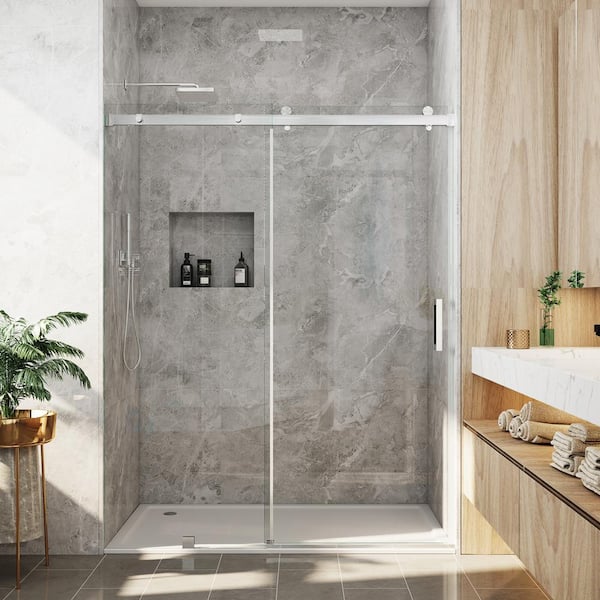 MCOCOD 60 in. W x 76 in. H Single Sliding Frameless Soft Close Shower Door in Brushed Nickel with 3/8 in. (10 mm) Clear Glass