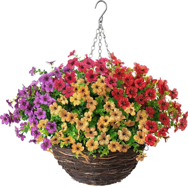 Unbranded 6 .3"D Artificial Flowers in Hanging Basket, Daisy with Eucalyptus Leaves for Outdoor Indoor Garden