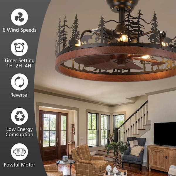 15.7 in. Farmhouse Walnut Flush Mount Ceiling Fan with Light Rustic Fandelier Fan with Remote Reversible Fan Blades