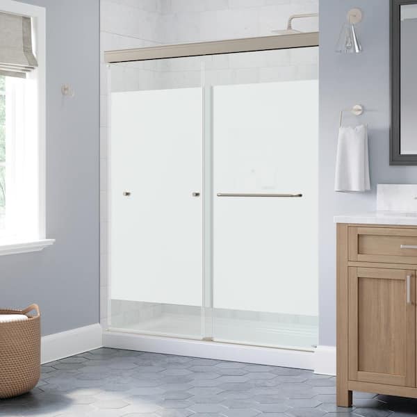 Portwood 60 in. W x 70-1/4 in. H Semi-Frameless Sliding Shower Door, Brushed Nickel, 6 mm Privacy Glass