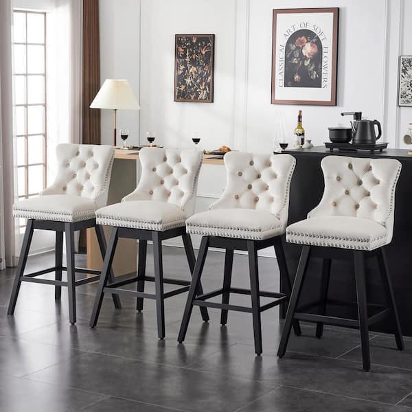 30 in. Beige Velvet Upholstered Solid Wood Frame Bar Height Swivel Bar Stool (Set of 4)