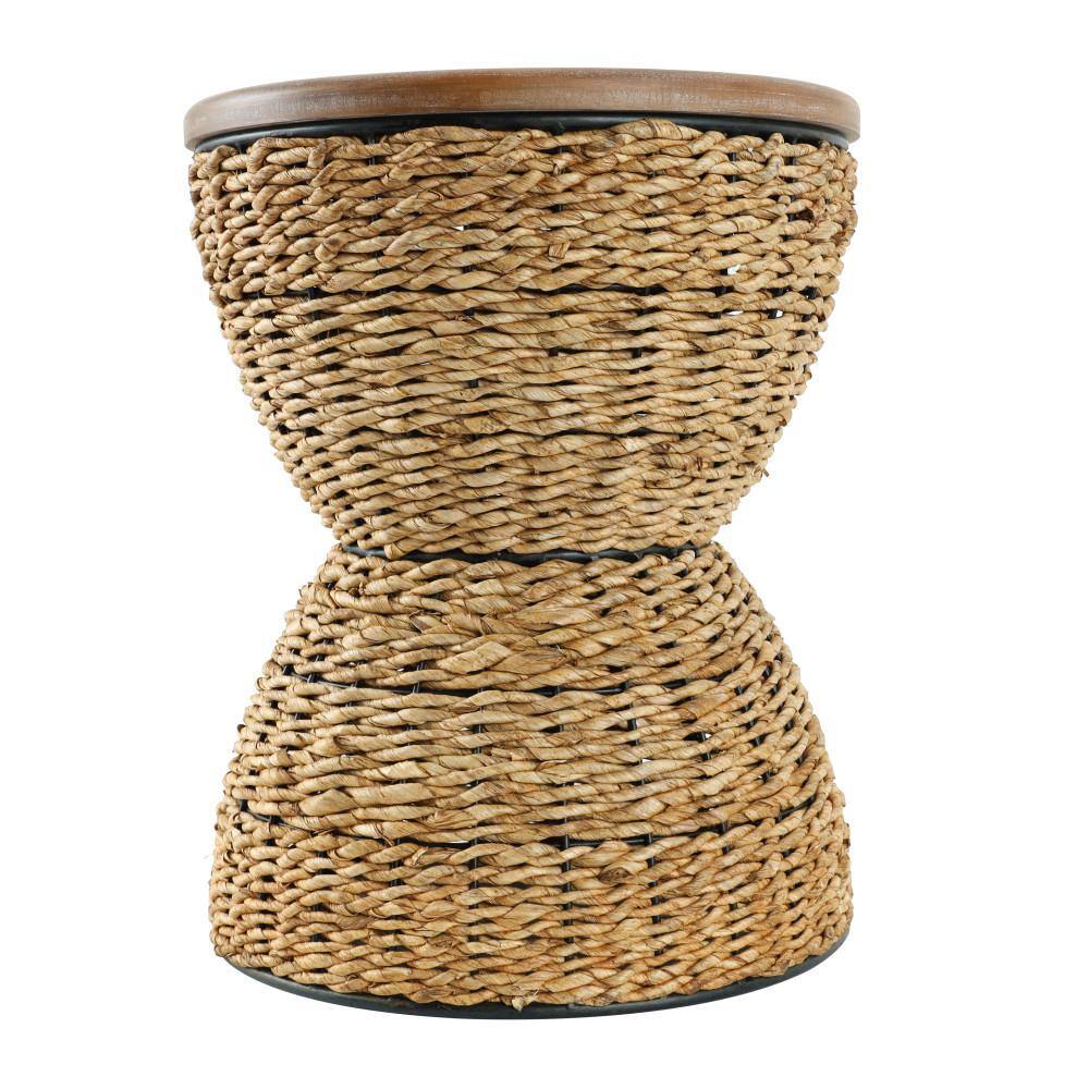Close-up of the brown rattan woven texture on the stool.