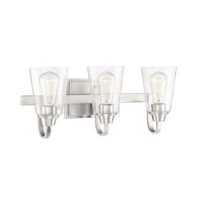 Grace 21 in. 3-Light Brushed Polished Nickel Finish Vanity Light with Seeded Glass