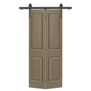 30 in. x 80 in. 2 Panel Olive Green Painted MDF Composite Bi-Fold Barn Door with Sliding Hardware Kit