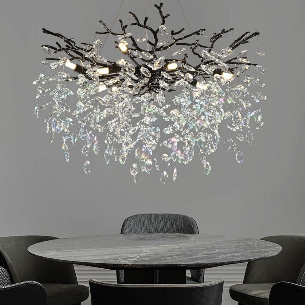 PUYRNF 30 in. 10-Light Black Tree Branch Chandelier, K9 Crystal