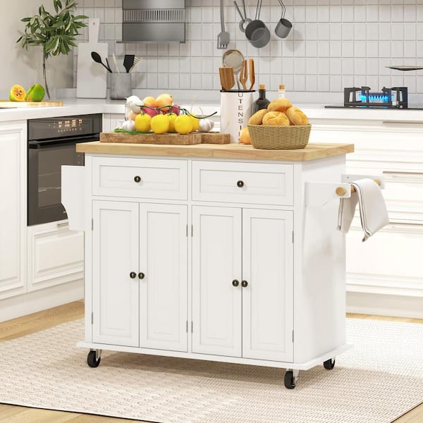 HOMCOM Cream White Wood 43.75 in. Kitchen Island with Storage, Shelves, Wheels and Towel Rack