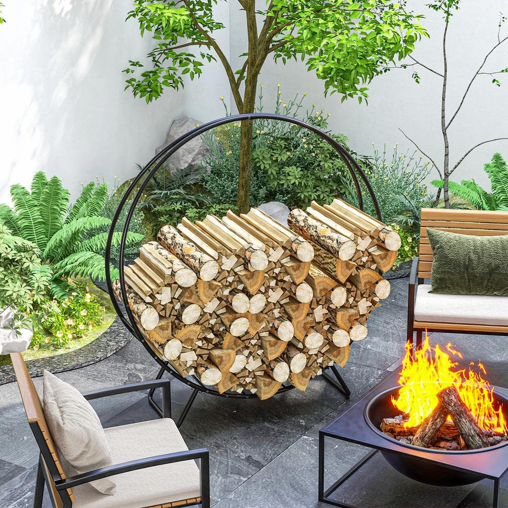48" Black Powder-Coated Steel Firewood Rack with Waterproof Cover