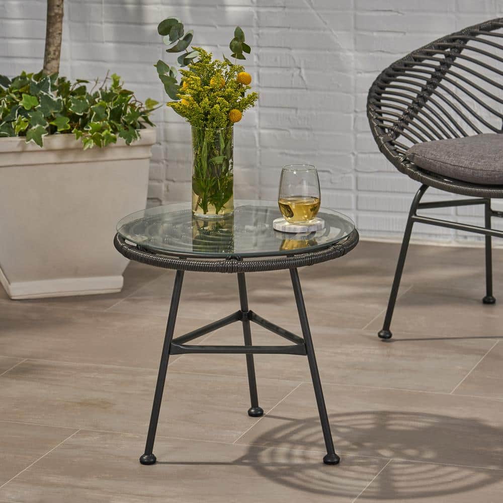 Gray and Black Round Faux Rattan Outdoor Side Table with Tempered Glass Top