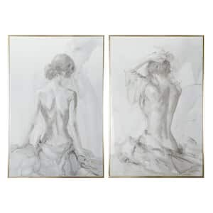 Gray and Gold Wooden Framed Feminine Figure Sketch Hanging Wall Art Portrait (Set of 2)