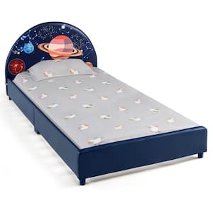 Blue Kids Upholstered Platform Bed Children Twin Size Wooden Bed Galaxy Pattern