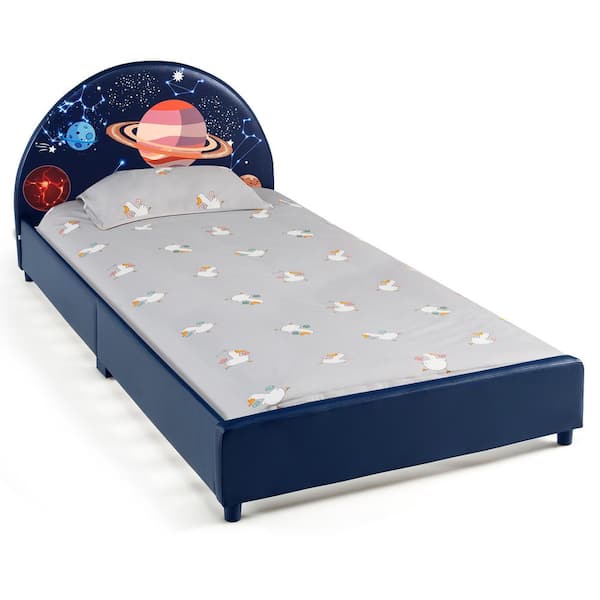 Costway Blue Kids Upholstered Platform Bed Children Twin Size Wooden Bed Galaxy Pattern