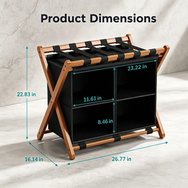 Wudkey Black Bamboo Luggage Rack with 4 Storage Compartments Wudkey Black Bamboo Luggage Rack with 4 Storage Compartments