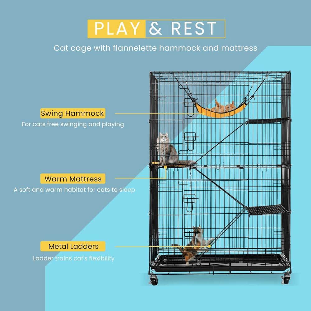49-Inch Black Metal 4-Tier Cat Cage with Hammock and Ramps