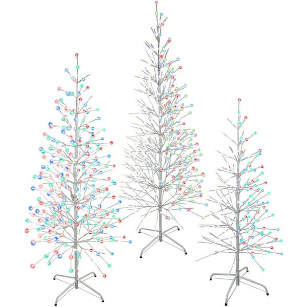Fraser Hill Farm 4 ft. 5.5 ft. 6.5 ft. PreLit Birch Artificial Christmas Trees, in Warm White and Multi-Color LED Lights (Set of 3)