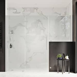 Tampa 76 1/8 in. W x 72 in. H Pivot Frameless Shower Door in SN with Buttress Panel and Shelves