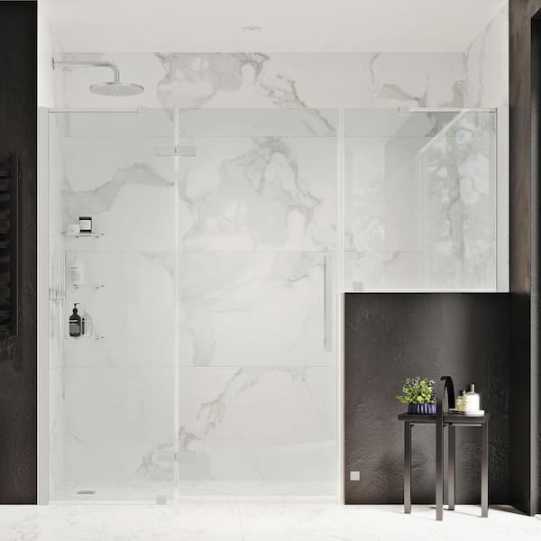 OVE Decors Tampa 76 1/8 in. W x 72 in. H Pivot Frameless Shower Door in SN with Buttress Panel and Shelves