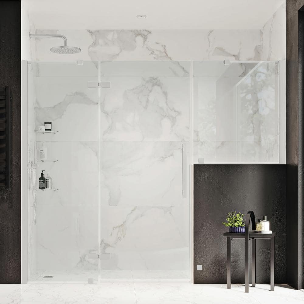 OVE Decors Tampa 82 1/8 in. W x 72 in. H Pivot Frameless Shower Door in SN with Buttress Panel and Shelves -  828796072083