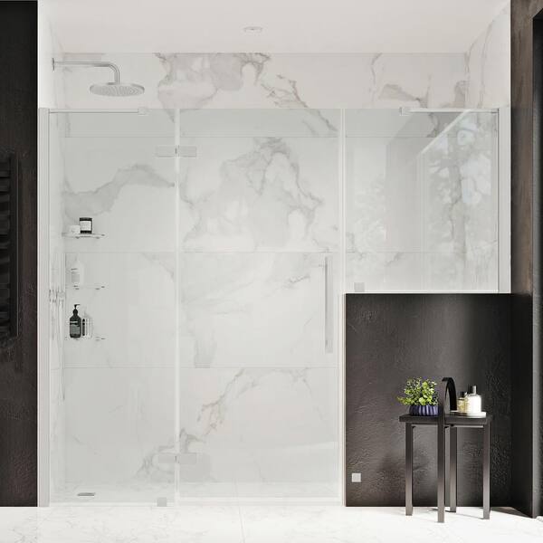 OVE Decors Tampa 82 1/8 in. W x 72 in. H Pivot Frameless Shower Door in SN with Buttress Panel and Shelves
