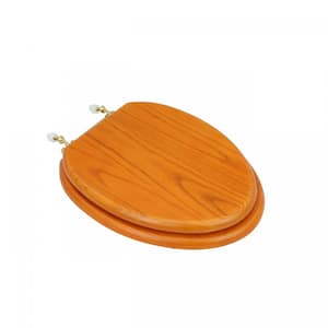 Golden Oak Wooden Elongated Front Toilet Seat with Brass PVD Hinges and Non Slip Bumper