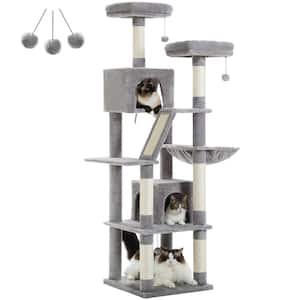 70.9 in. Grey Large Multi-Level Cat Tower Tree with Scratching Post with 2 Perches, 2 Condos, Hammock and 2 Pompoms