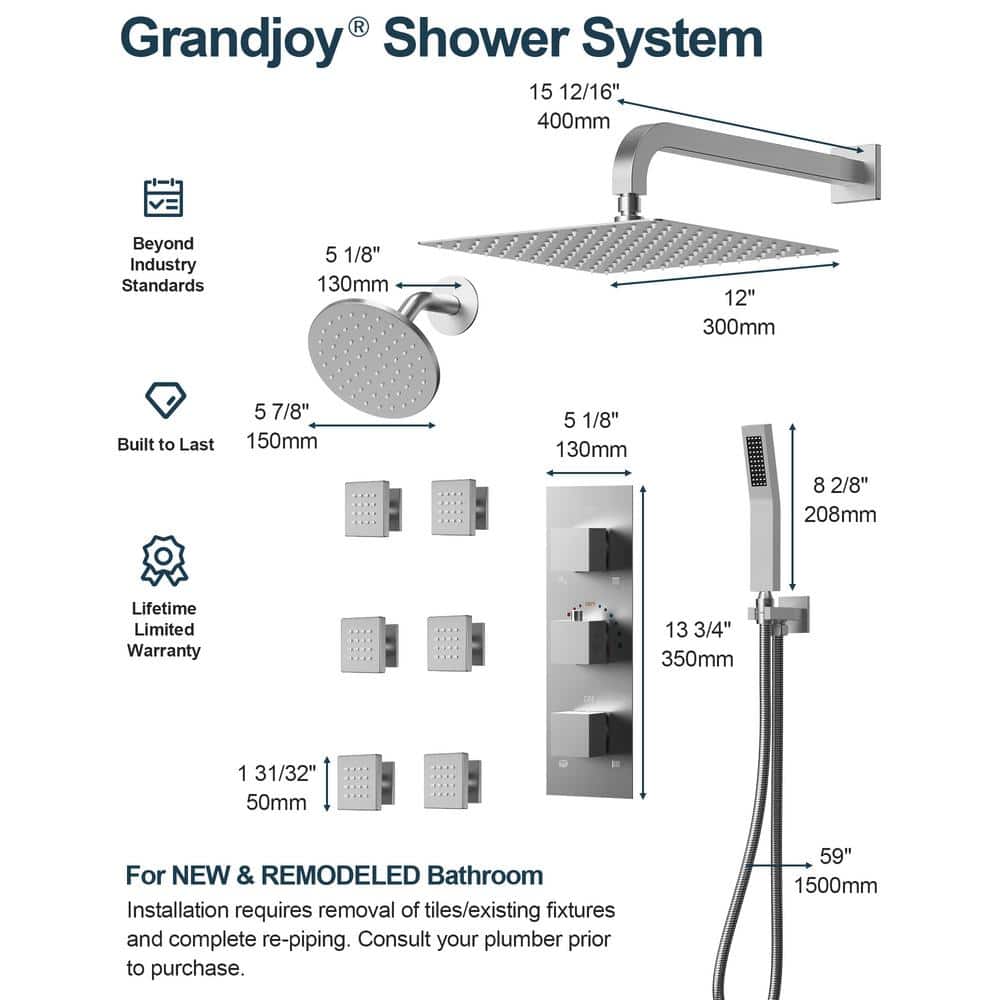 Nickel Dual Rain Shower System with Handheld and Body Jets