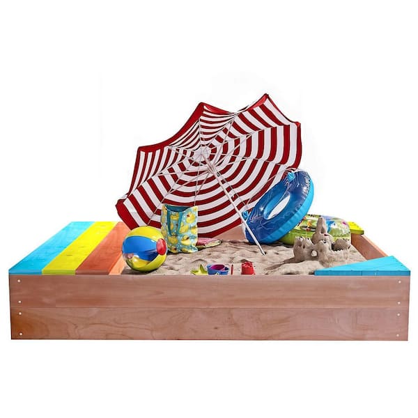 WTVWTV 4 ft. W x 4 ft. L Solid Firwood Rectangular Sandbox with Storage Box and Non-Woven Bottom, Golden Red, Outdoor Play