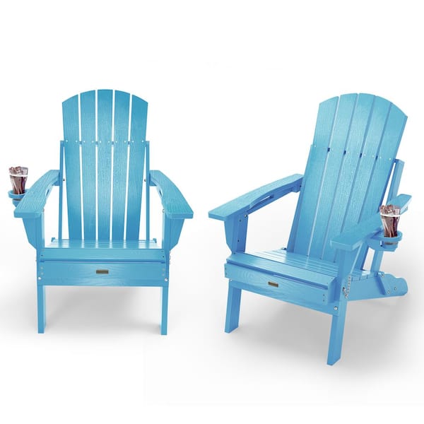 Mximu Blue HDPE Outdoor Folding Plastic Adirondack Chair with Cupholder(2-Pack)