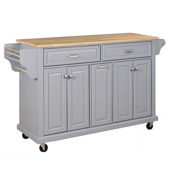 FAMYYT Cambridge Gray Rubberwood Tabletop 60.5 in. Kitchen Island with Adjustable Shelves and Casters