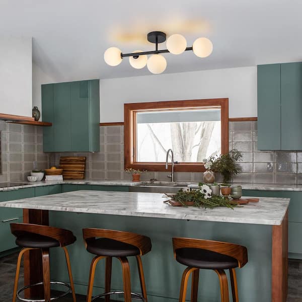 Lucie 26.38 in. 5-Light Black Modern Linear Semi-Flush Mount Ceiling Light with Globe Glass Shades