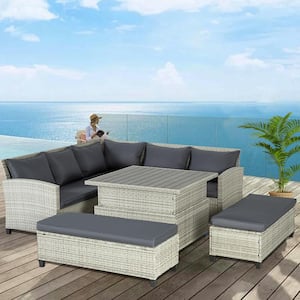 6-Piece Wicker Outdoor Sectional Furniture Set with Gray Cushions and Adjustable Height Table