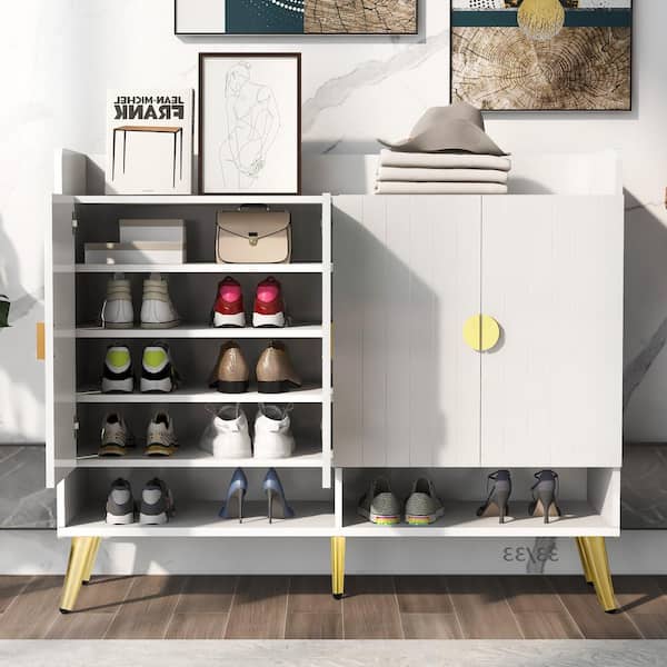 Harper & Bright Designs 39.4 in. H x 47.2 in. W White PVC Surface Shoe Storage Cabinet with Adjustable Shelves