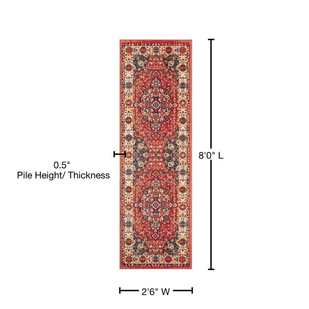 Kashan Red and Ivory Floral Synthetic Runner Rug 2'6" x 8'