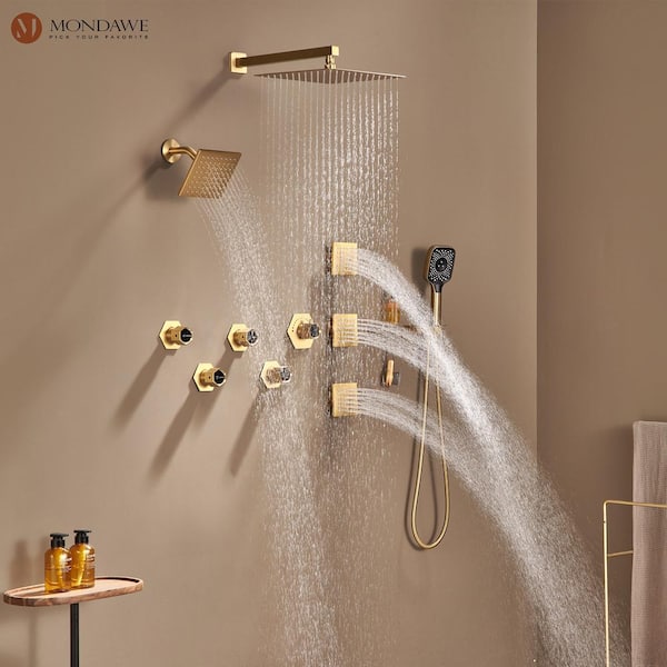 Brushed Gold 10 Round Rainfall Shower Head Wall Mounted Rain Shower System  with Handheld Shower Solid Brass