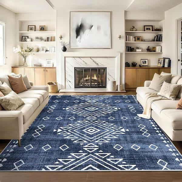 Blue 5 ft. x 7 ft. Washable Vintage Distressed Area Rug Bohemian Style Polyester