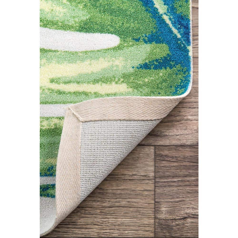 Tropical Leaf Design Reversible Indoor/Outdoor Blue Runner Rug, 2'6" x 10'