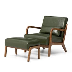 Set of 2-Mid-century Modern Hunter Green Leatherette Accent Stool and Chair with Walnut Rubberwood Legs
