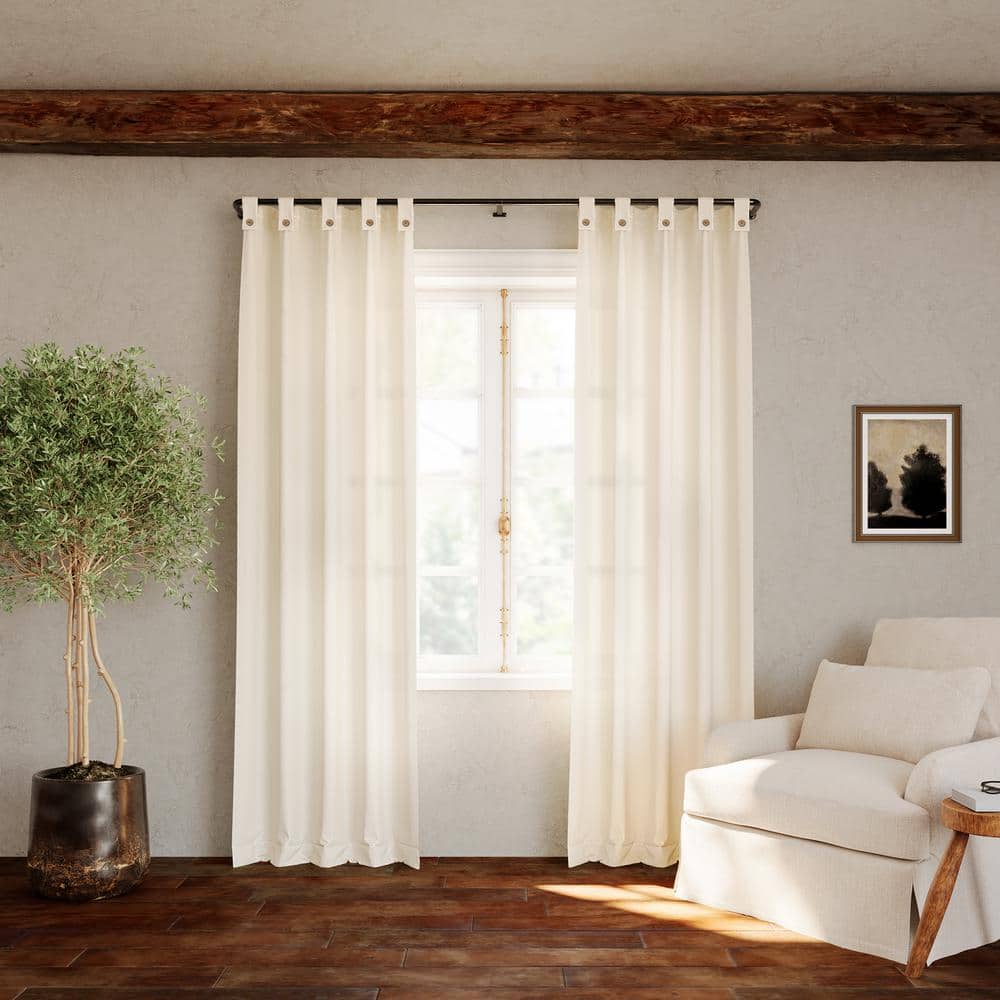 Cream Cotton Blend Button Tab Top Sheer Curtain Panel 40" x 63"