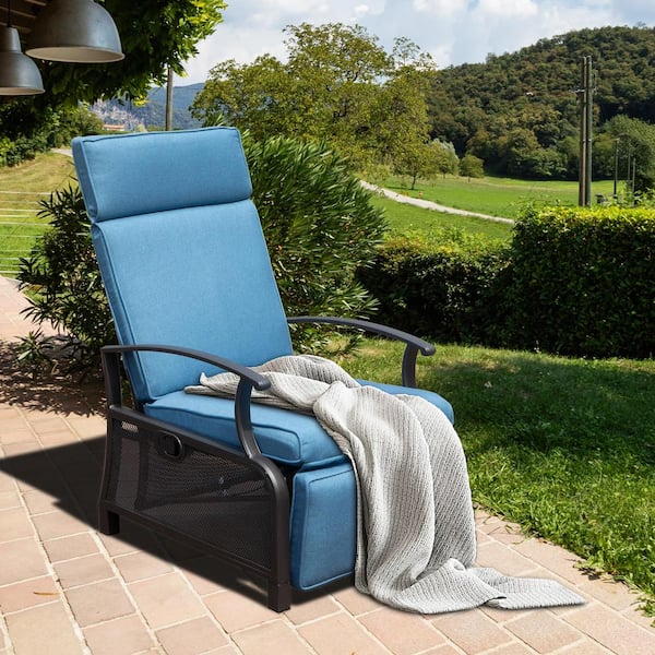 Unbranded Metal Outdoor Lounge Chair with Flip Table Push Back, Adjustable Angle Design, 6.8 in. Removable Cushions, Blue