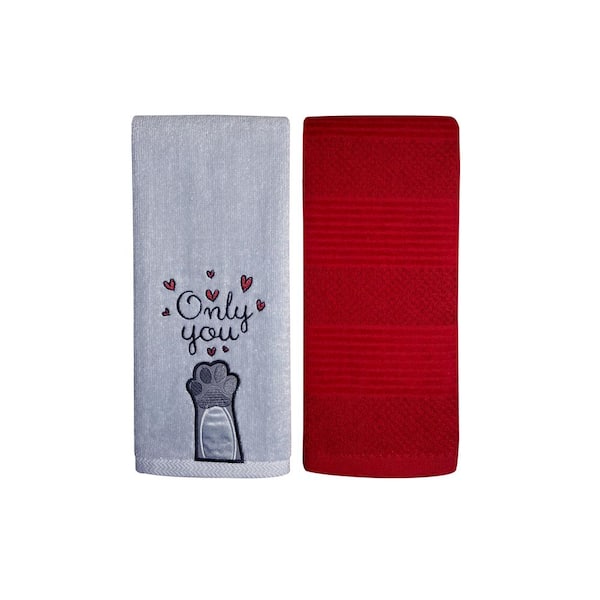 Valentine's Day Embroidered Cotton Hand Towel 2-Piece Set Only You Paw Grey