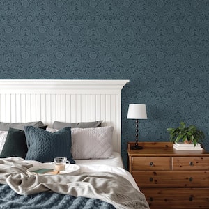 Camille Navy Damask Matte Non-pasted Paper Wallpaper