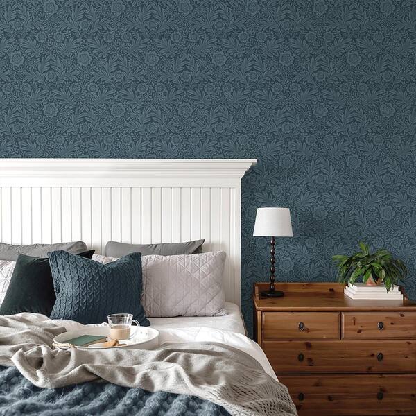 Camille Navy Blue Damask Wallpaper Sample