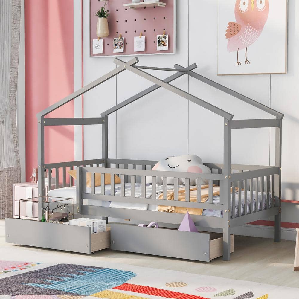 Harper & Bright Designs Gray Twin Size Wood House Bed with Two Drawers ...