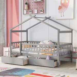 Gray Twin Size Wood House Bed with Two Drawers and Fence Guardrails