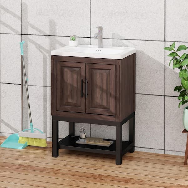 24 in. Dark Brown Bath Vanity with Sink, Wood Storage Cabinet with White Ceramic Top Basin and Faucet Combo Set